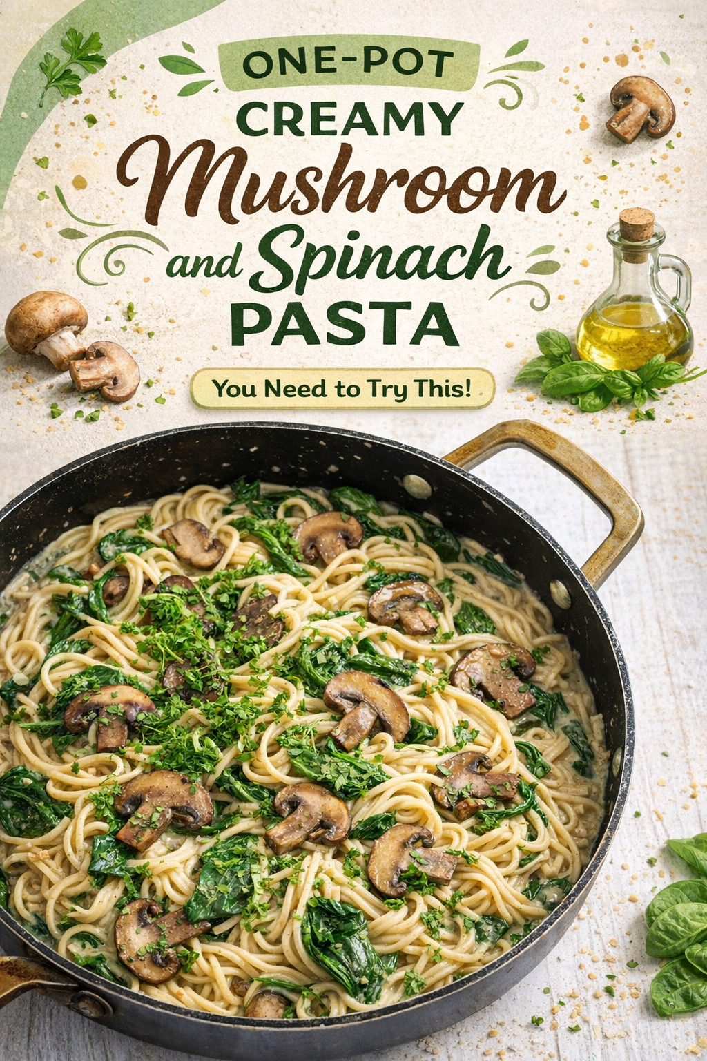 Creamy Mushroom Spinach One Pot Pasta