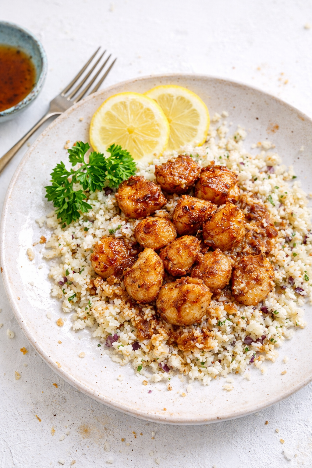 Garlic Butter Scallops over Cauliflower Rice