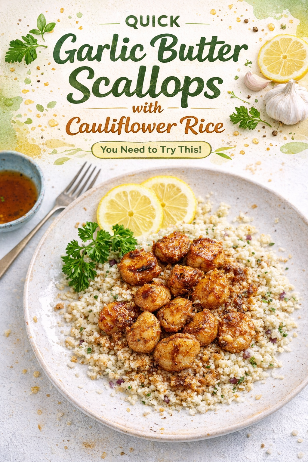 Garlic Butter Scallops over Cauliflower Rice