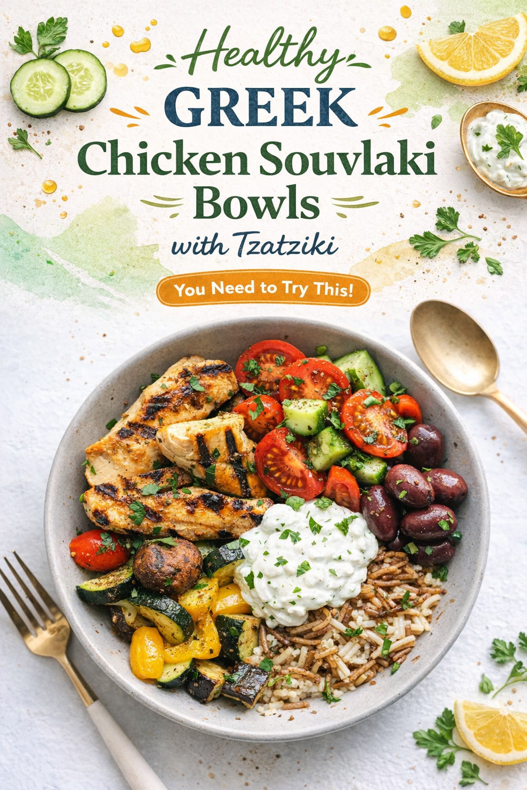 Greek Chicken Souvlaki Bowls with Tzatziki