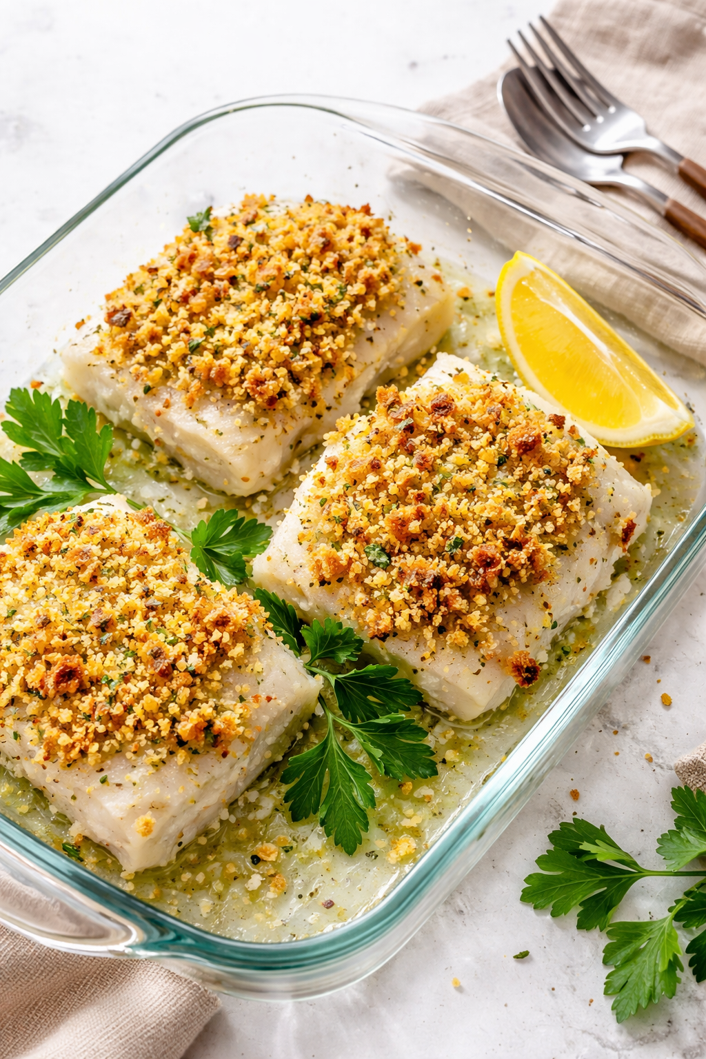 Lemon Garlic Panko Crusted Baked Cod