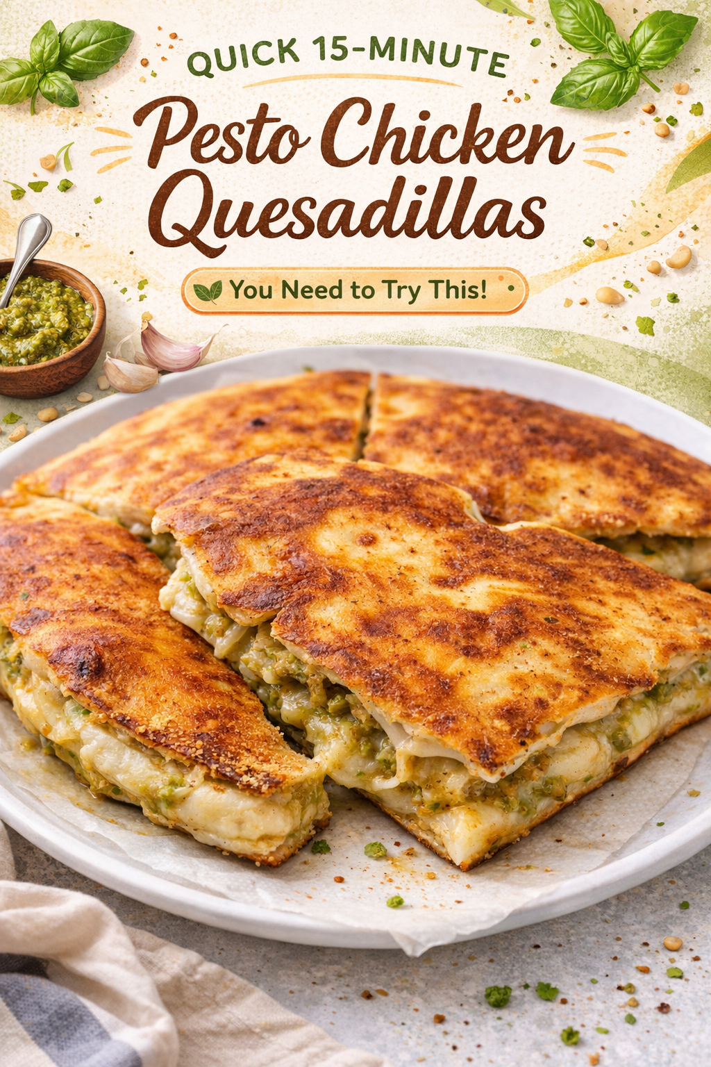 Pesto Chicken Quesadillas in Fifteen Minutes