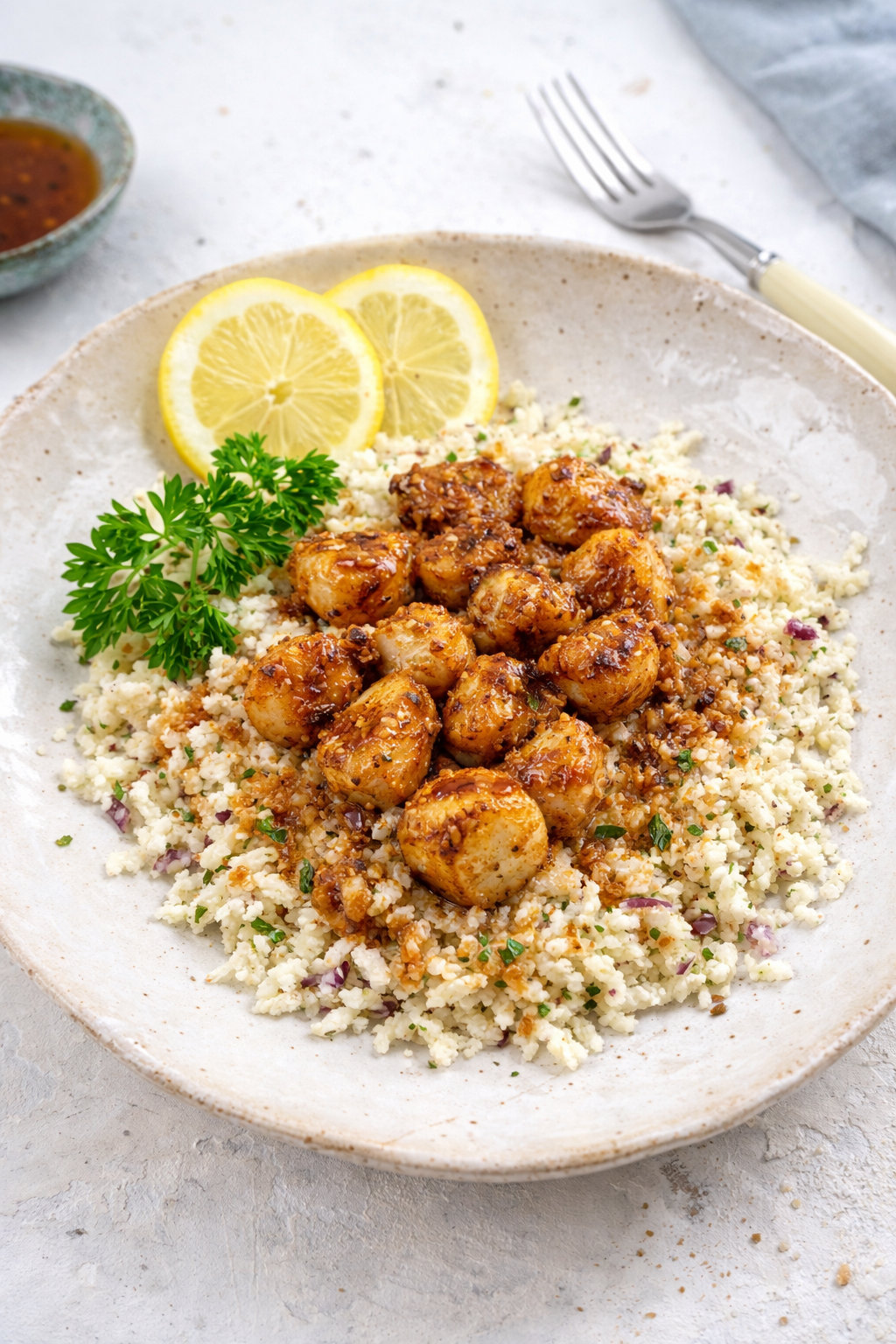 Quick Garlic Butter Scallops with Cauliflower Rice