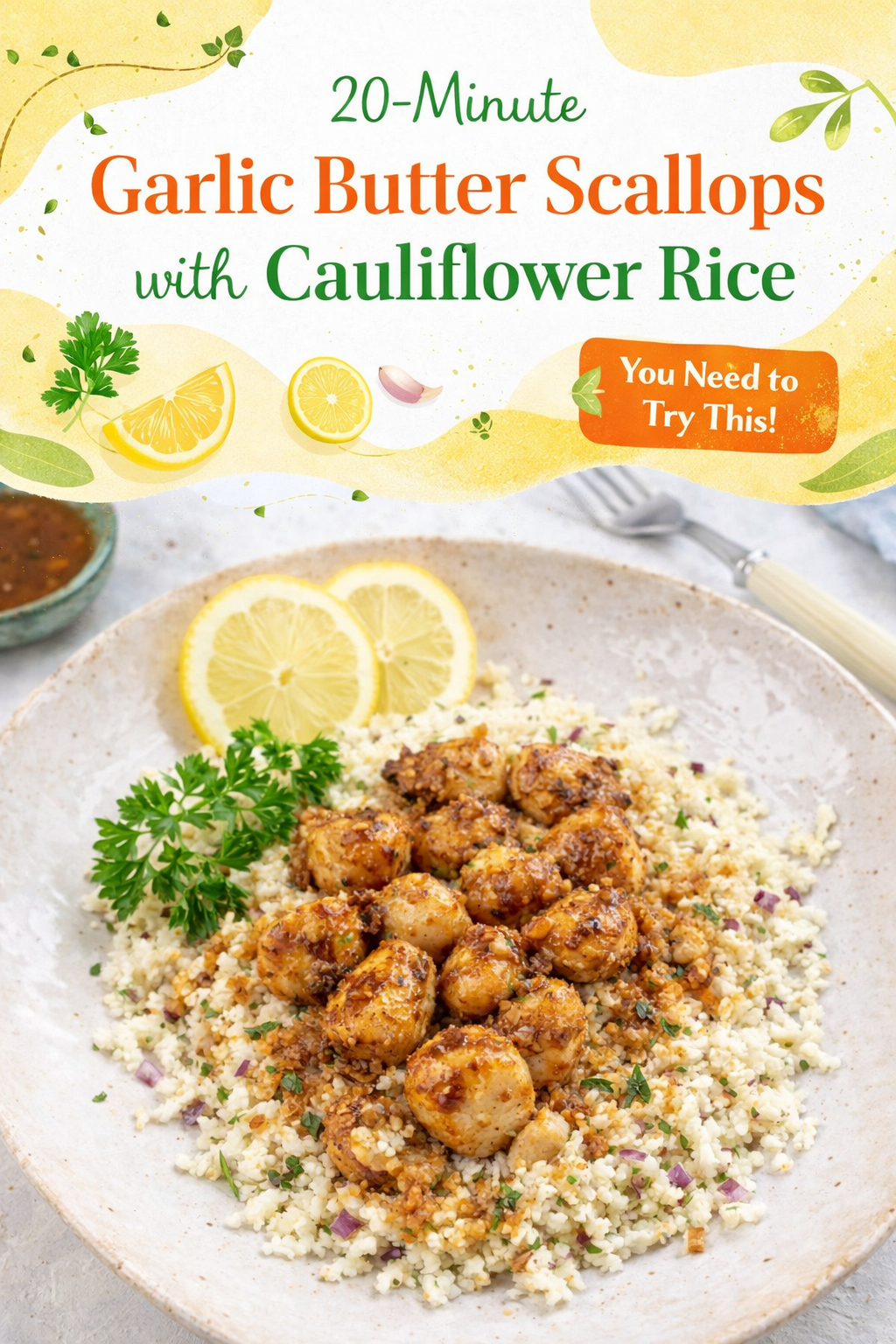 Quick Garlic Butter Scallops with Cauliflower Rice