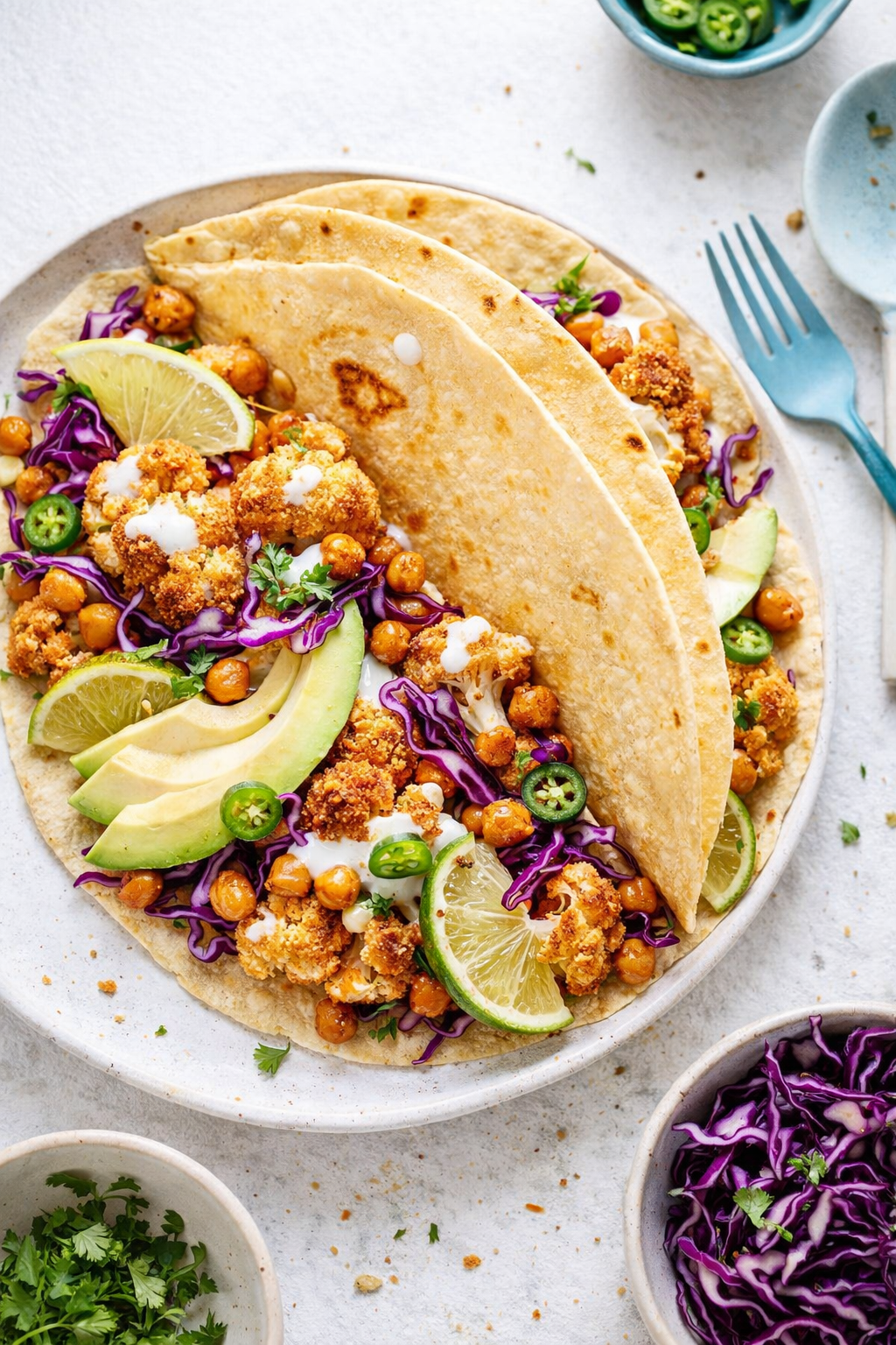 Buffalo Spiced Cauliflower Chickpea Tacos