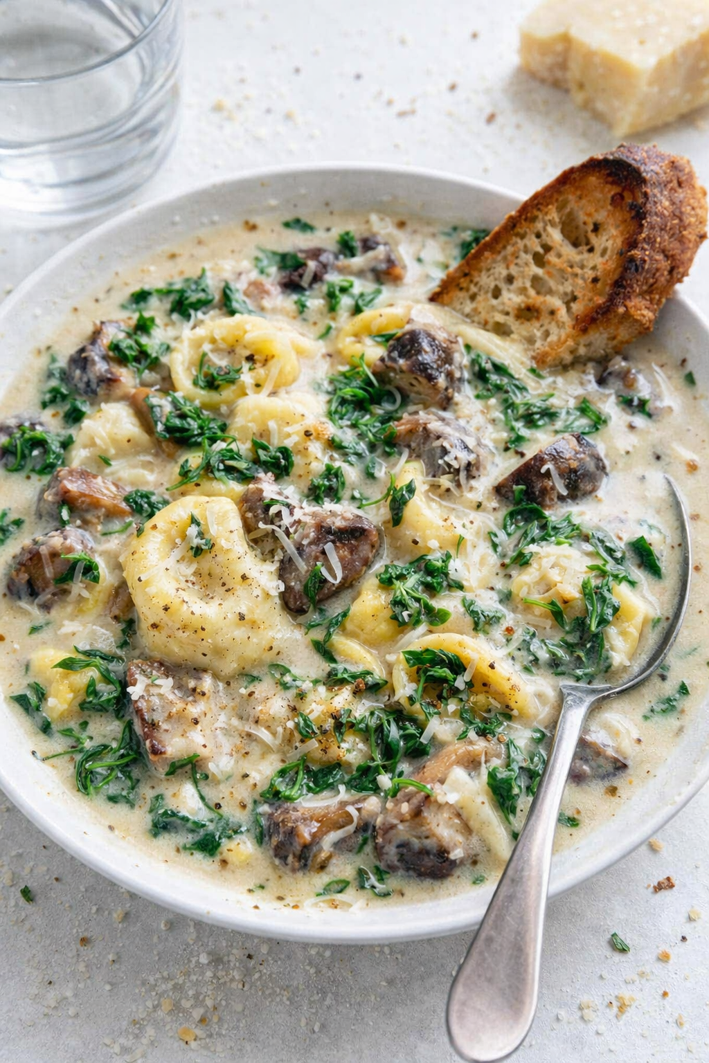 Creamy Tortellini Soup with Spinach and Mushrooms
