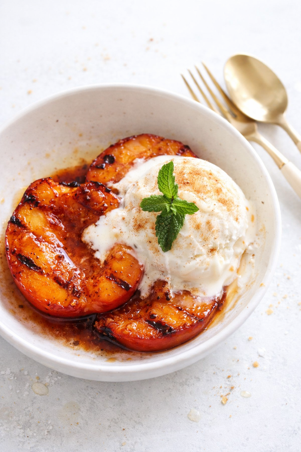 Grilled Hot Honey Peaches with Vanilla Ice Cream